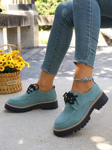 WTKMRSSTEP Autumn/Winter Vintage Thick Sole Loafers British Casual Commuter Shoes For Women - Mint Blue - View 2