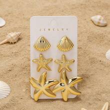3 Pairs New Fashion Women's Stud Earrings Set, Elegant Ocean Starfish & Shell Element, Personalized Style Ear Jewelry - Starfish - View 4