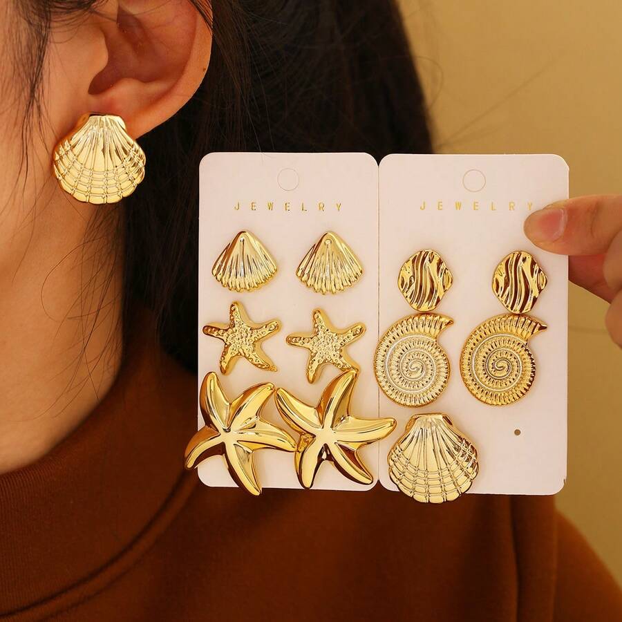 3 Pairs New Fashion Women's Stud Earrings Set, Elegant Ocean Starfish & Shell Element, Personalized Style Ear Jewelry - Starfish - View 1