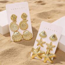 3 Pairs New Fashion Women's Stud Earrings Set, Elegant Ocean Starfish & Shell Element, Personalized Style Ear Jewelry - Starfish - View 3