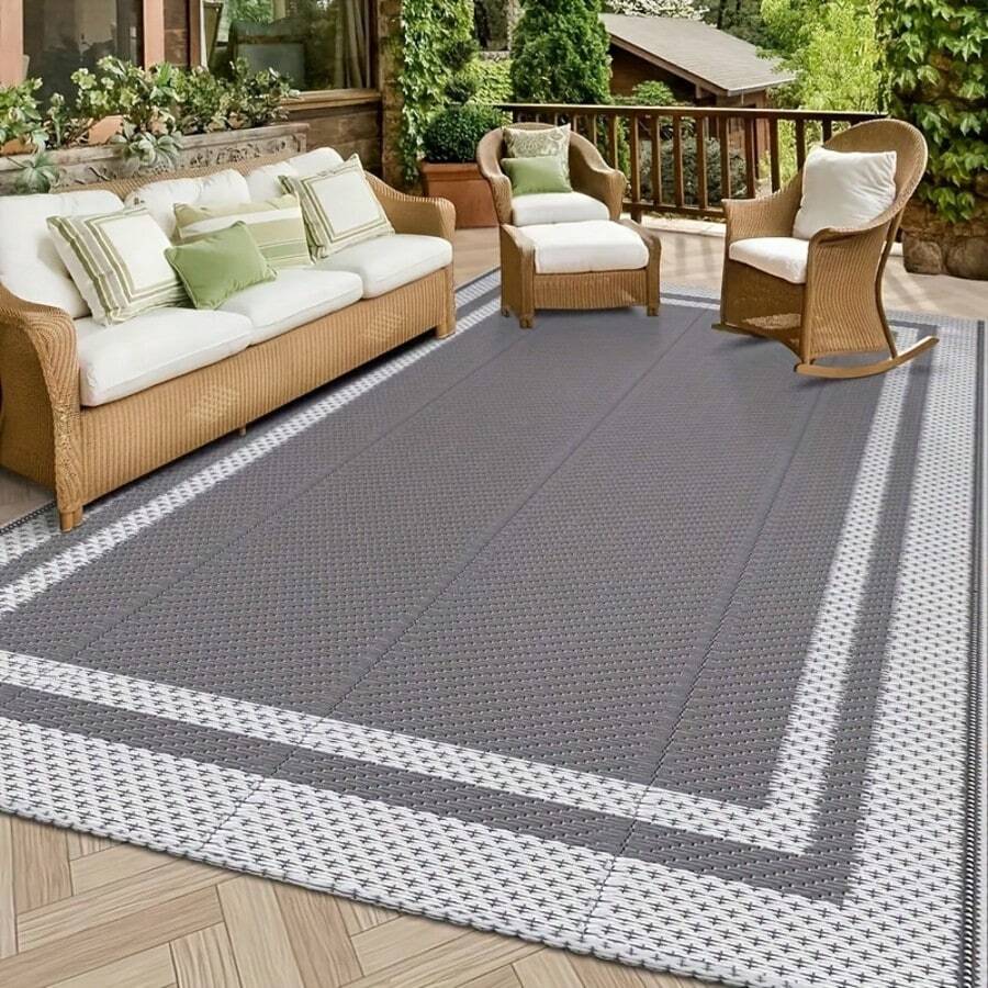 1pc Large Outdoor Rug[Free Tote Bag + 4 Ground Stakes], Outdoor Patio Rug, Washable, Plastic Straw PP Rug, Suitable For Yard, Patio, Deck, Picnic, Porch, Balcony, Home Decor