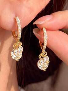 1 Pair Luxury Full Rhinestone Thin Hoop Triple Circle Single Layer Pendant Earrings, Suitable For Women's Evening, Commute And Daily Wear - Circle - View 3