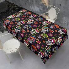 1pc Colorful Calavera Sugar Skull Tropical Floral Print Vintage Tablecloth, Durable Wrinkle-Free Fade-Resistant, Mexican Day Of The Dead Theme Party, Latin Style Festival Fair, Market Stall Commercial Use Essential Colorful Sugar Skull Rectangular Tablecloth, Day Of The Dead Family Dinner, Halloween Daily Gathering Universal - Multicolor - View 7