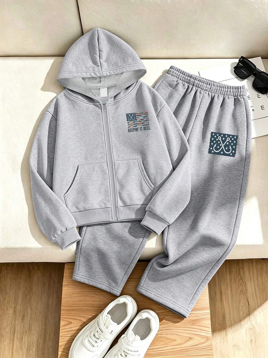 2pcs/Set Tween Boys Hoodie Set, Printed With Fish And Hook Pattern, Paired With Simple Casual Wide Leg Pants, Comfortable Autumn/Winter New Outfit - Grey - View 1