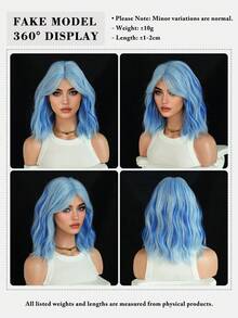 7JHH WIGS Shoulder-Length Wavy Bob Wigs For Women 14 Inch Short Curly Middle Part Wig With Curtain Bangs, Natural-Looking Synthetic Heat-Resistant Fiber Wig For Party Cosplay Use ( Blue, Pink, Red, Brown ) - Multicolor - View 5