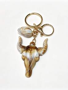 1pc Vintage Western Bull Skull Keychain With Small Bell, Gold Hardware Bag Charm, Cowboy Ranch Accessory - Multicolor - View 4