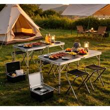 Set Mesa Plegable Portafolio 120cm con 4 Bancos Color Negro Estructura Acero y Plástico para Jardín Exterior Camping Picnic - Negro1 - Ver 3