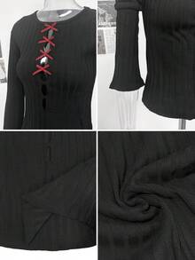Niche Slimming Knit Sweater Top For Women, Autumn Bowknot Hollow Cross-Over Slimming Sweater - Black - View 8