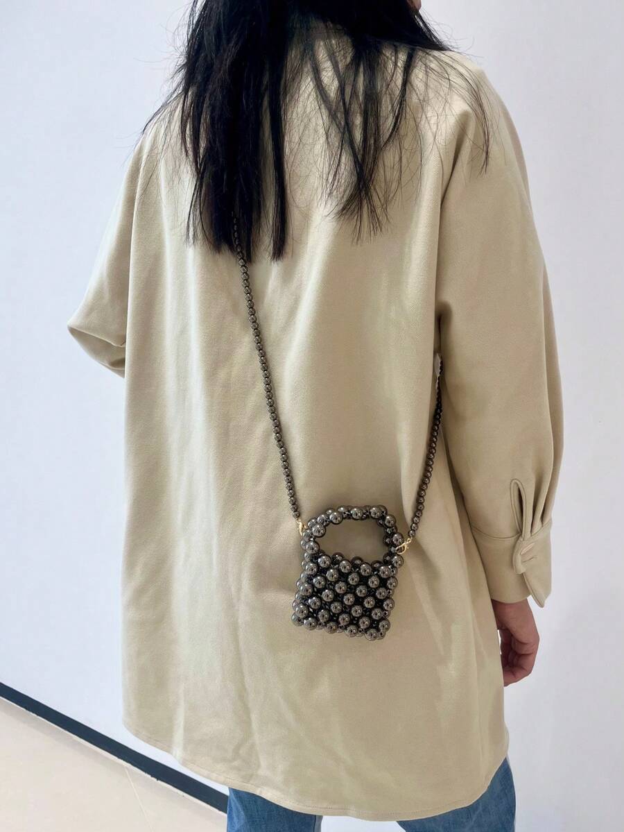 Mini Solid Color Beaded Handbag, Travel Fashion Outfit Mini Accessory Crossbody Bag - Dark Grey - View 1