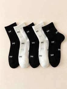 5 paires de chaussettes mi-mollet pour femmes, chaussettes douces et confortables pour étudiantes, style japonais mignon, convient pour le port quotidien - Noir et Blanc - Voir 9