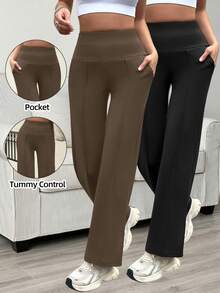 2pcs/Pack Women's Pocket Wide Leg Pants, High Waist Tummy Control Slimming, Fashionable Sporty Casual Street Style Long Pants Sports - Multicolor - View 3