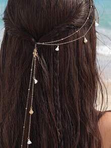 1件女款時尚優雅金屬海星貝殼流蘇髮夾鏈條髮飾，適合日常春夏海灘度假裝飾 - 金色 - 查看 5