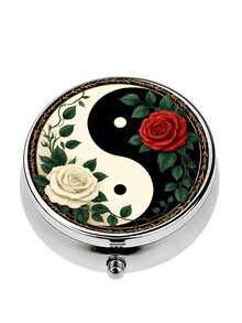 1pc Yin Yang & Red White Rose Pill Box - 3-Layer Portable Medicine Storage Box, Compact Wallet-Style Pill Case, Travel Pill Box, Traditional Chinese Design - Multicolor - View 6