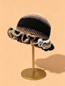Contrast Color Knit Large Ruffle Edge Versatile Handmade Crochet Hat (Random Hat Color) - Multicolor - View 32