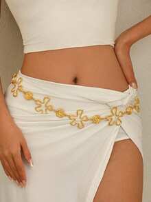 1pc Minimalist Gold Metal Hollow Flower Disc Linked Chain Waist Belt, Fashionable Sexy Geometric Hollow Body Chain, Suitable As Holiday Gift For Any Occasion - Gold - View 7