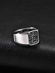 1pc Vintage Black Zirconia Stainless Steel Cast Ring For Men, Punk, Gothic Style, Jewelry Accessory, Daily Wear - Silver - View 4