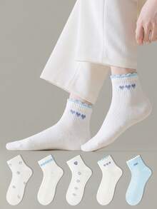ZUJO 5 Pairs Women's Blue And White Short Socks, Letter And Heart Pattern, Suitable For Spring, Autumn, Summer Daily Wear, Simple And Comfortable, Random Color - Multicolor - View 7