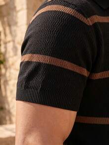 ALTZTAR Men's Striped Half-Zip Polo Shirt, Textured Knit Short Sleeve Top For Summer - Black - View 5