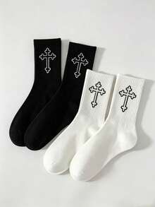 Calcetines largos hasta la pantorrilla estilo americano vintage con cruz, unisex, negro & blanco, versátiles para calle y deportes - Multicolor - Ver 7