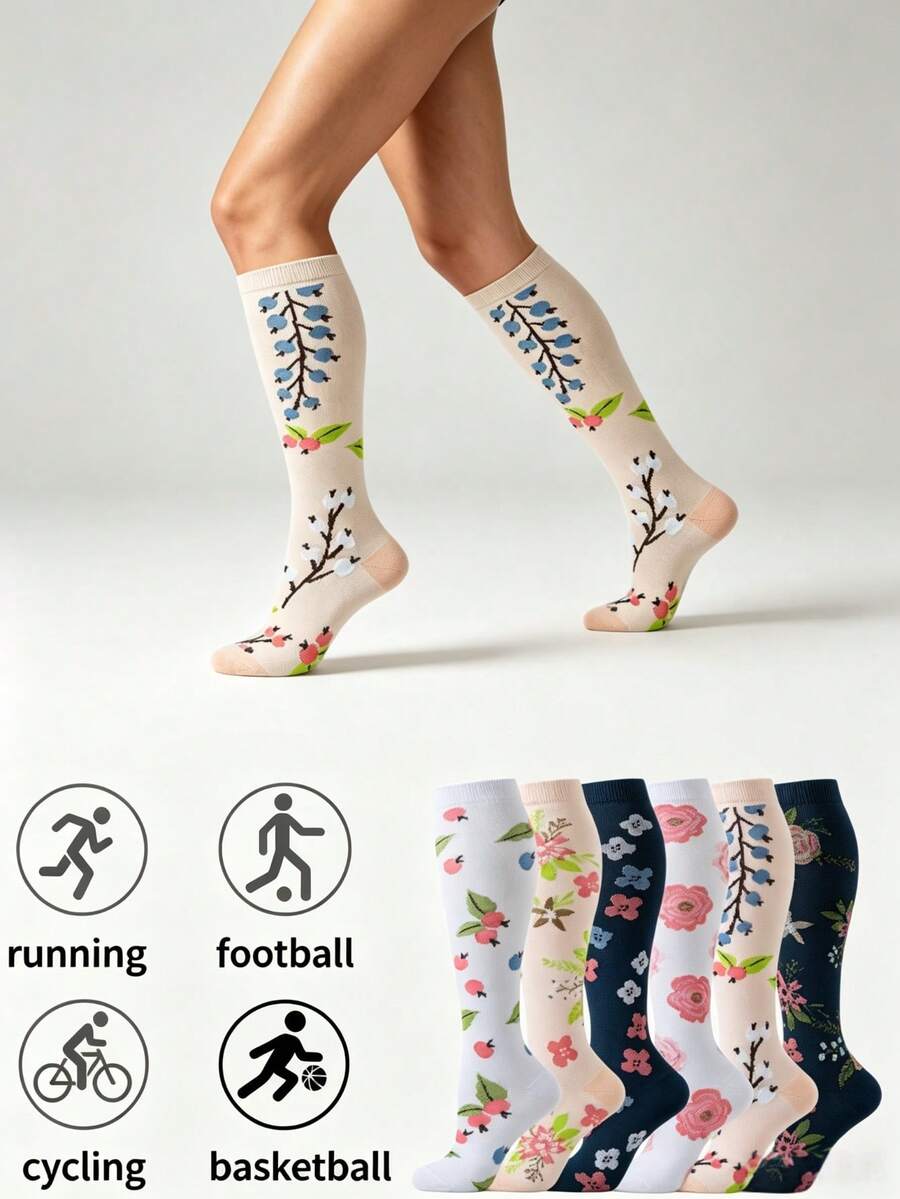 1/3/6 pares de calcetines de compresión hasta la rodilla para mujer, calcetines divertidos para volver a la escuela, compresión graduada transpirable, adecuados para correr, viajar, hacer senderismo y uso diario - Multicolor - Ver 1