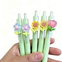 5pcs/Set Retractable Ballpoint Pens, Random Floral Pen Tips, Smooth Writing Neutral Ink Pens, Suitable For Students, Exams, Office And Daily Use, Stationery (Black) - Multiple Styles - View 9
