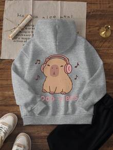 1 st ljusgrå hoodie för tweenflickor med healing music- och kapybara-tryck, GOOD VIBES, mjuk och söt, unisex, för baby, vår och höst, casual - Grå - Visa 3