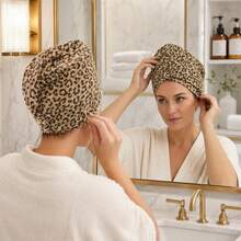 1pc Multi-Purpose Super Absorbent Leopard Print Hair Drying Cap, Made Of Soft Coral Fleece Material, Quick Drying, Suitable For Normal And Curly Hair, Soft Quick Drying Cap, Bath Cap, Absorbent Cap, Dry Hair, Bath Accessory - Multicolor - View 8