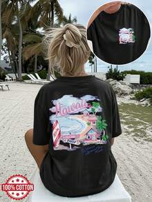 [Double-Sided Print] Women's Spring And Summer Clothing, Hawaiian Style, Surfboard And Palm Tree Design, Casual Vacation Fashion, Round Neck - Black - View 1