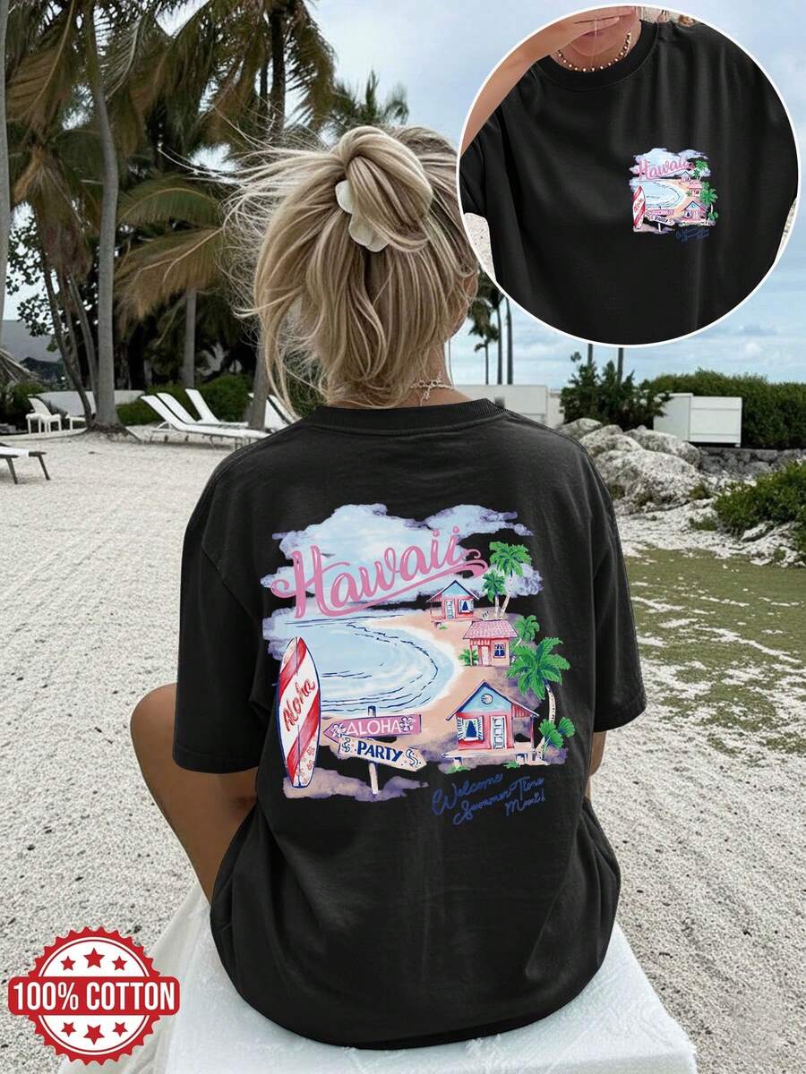[Double-Sided Print] Women's Spring And Summer Clothing, Hawaiian Style, Surfboard And Palm Tree Design, Casual Vacation Fashion, Round Neck - Black - View 1