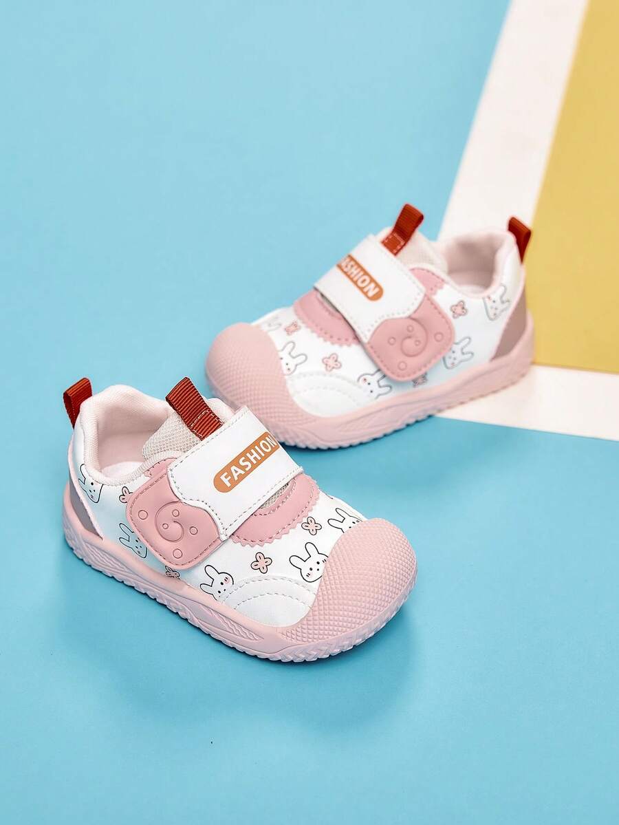 Unisex Baby Rabbit Print Hook & Loop Anti-Slip Walking Shoes - Pink - View 1