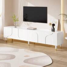 TV Cabinet/Lowboard With Asymmetrical Arched Relief, Four Doors, Multiple Storage Spaces, Solid Wood Legs, Living Room. - 白色 - 查看 3
