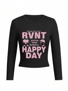 2pcs Women's Round Neck Long Sleeve T-Shirts, Y2K Generation Spring/Autumn New Style, English Print Design Fashion Casual Versatile Slim Fit Top - Black and White - View 8
