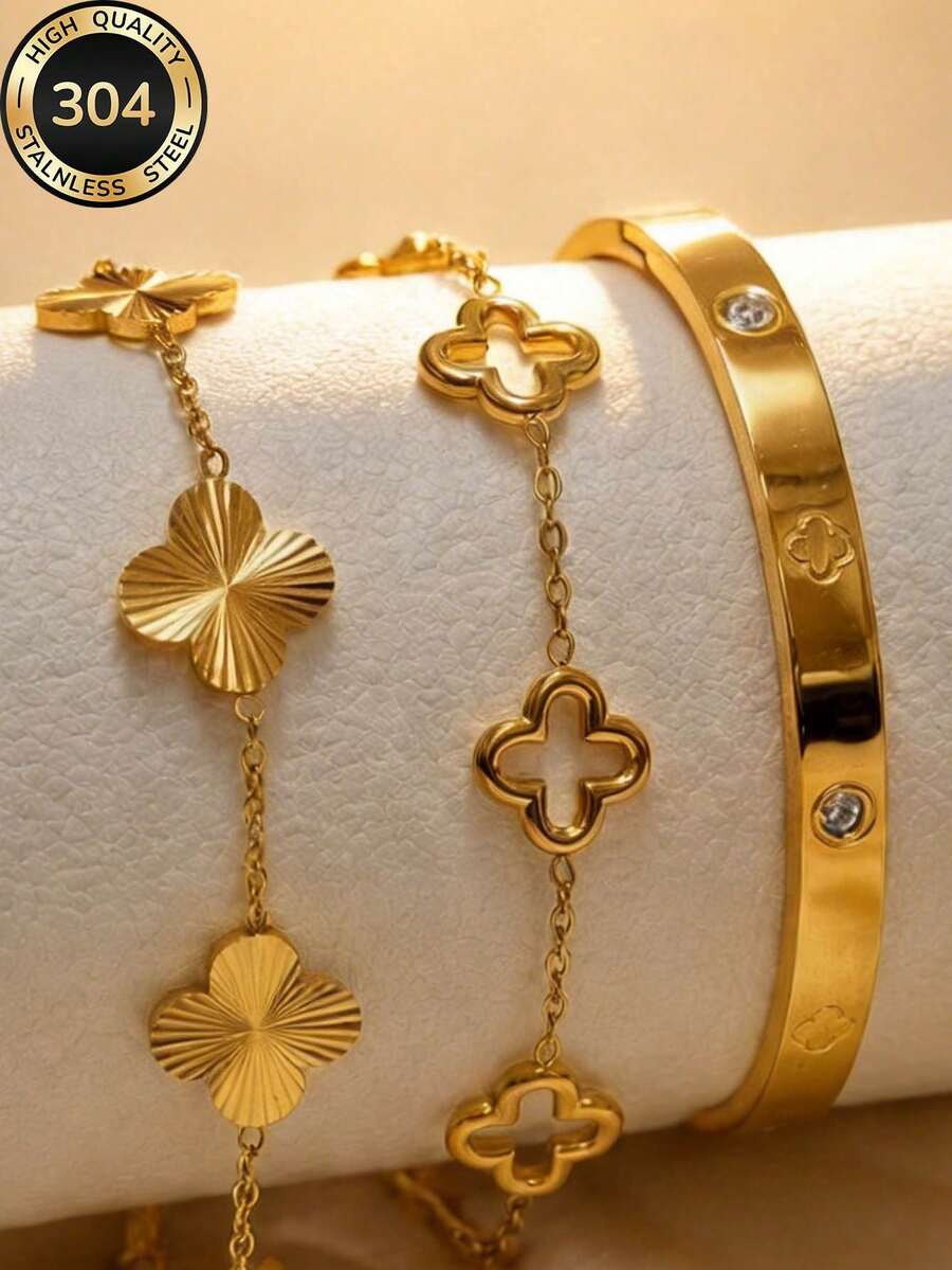 18K Gold Plated Summer Elegant Women's Laser Flower Layered Stainless Steel Bracelet Set, Thoughtful Gift For Mother's Day, Easter, Graduation Season