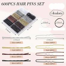 600Pcs Bobby Pins Hair Pin Set 4 Colors Silver Gold Brown Black Metal Wave Hairpins With Storage Box Non Slip Hair Clips Women Girls Hair Accessories For Updo Bun Bridal Hairstyle Wedding Daily Party Salon Hair Styling DIY Decor Long Short Thick Fine - 400 Hair Clips + 200 Hair Ties - View 3