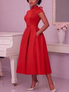 NOU Elegant Lady Style Bow Tie Small Stand Collar Cap Sleeve Short Sleeve A-Line Waist-Defining Mid-Length Dress For Women, Flattering Proportion, - Red - View 2