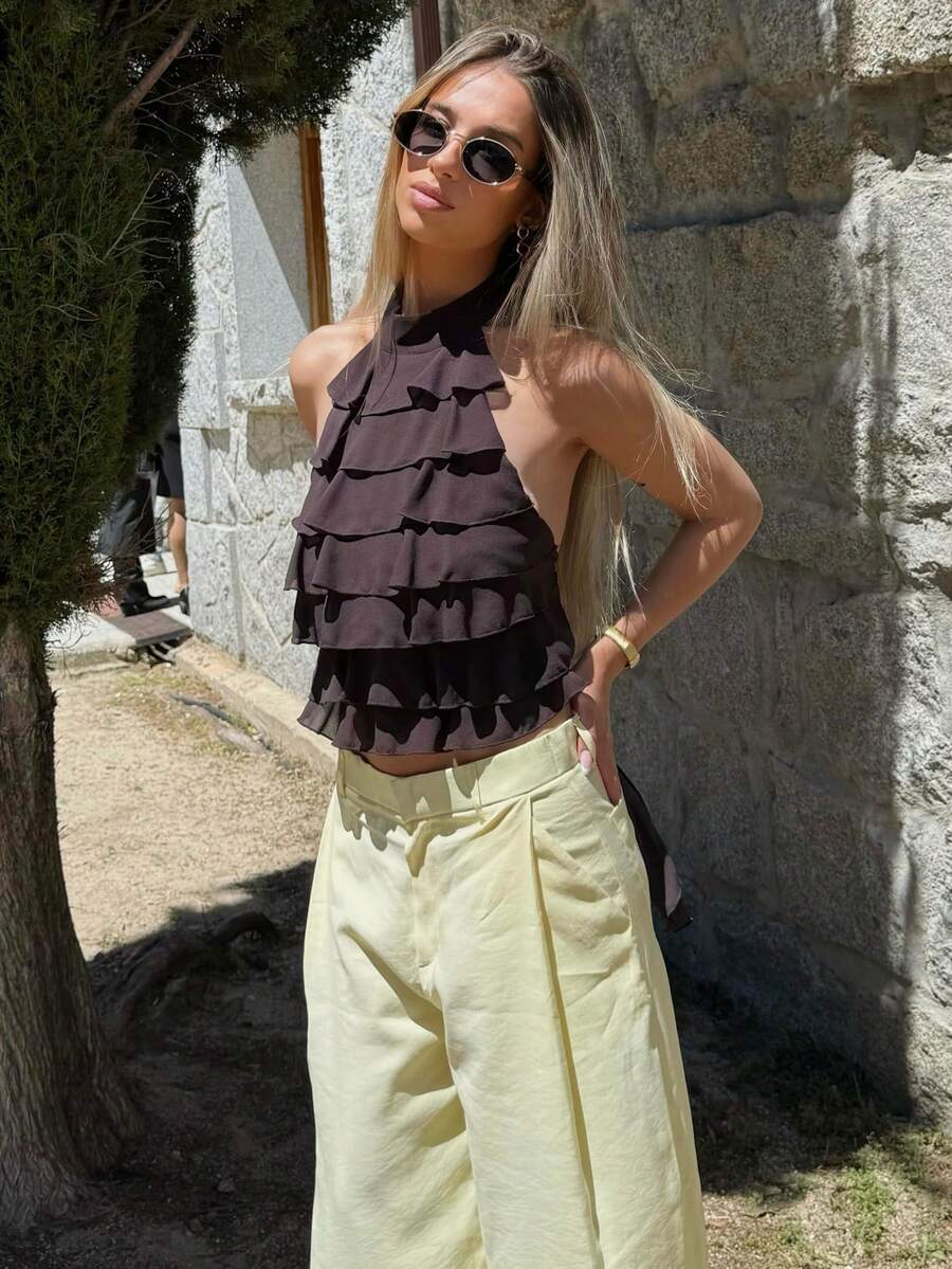 ملابس علوية تانك توب مثيرة للنساء بتصميم كروپ صيفي للحفلات، كامي توب بني مكشوف الظهر مع رباط دانتيل وأكتاف مكشوفة، ستايل Y2K كاجوال للخروجات - شوكولاته بني - مشاهدة 1