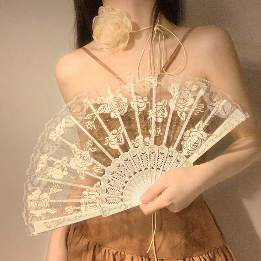 1pc White Floral Lace Folding Fan, Vintage Hand Fan, Suitable For Wedding Party, Dance Performance And Photo Props - Multicolor - View 1