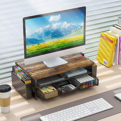 Monitor Stand Riser With Drawer Storage And 2 Pen Holders , 2-Tiers Desk Monitor Stand, Home Office Computer Desk Organizer, Ergonomic Printer Laptop PC Monitor Shelf