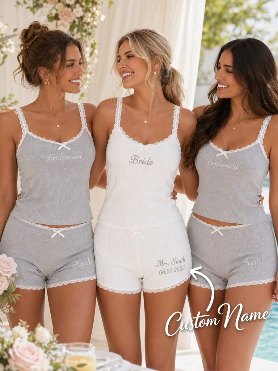 Personalized Lace Tank Top,Personalized Bride Pajama Set, Ribbed Tank And Shorts, Bridal Shower Gift, Engagement Gift, Bachelorette Party - Multicolor - View 1
