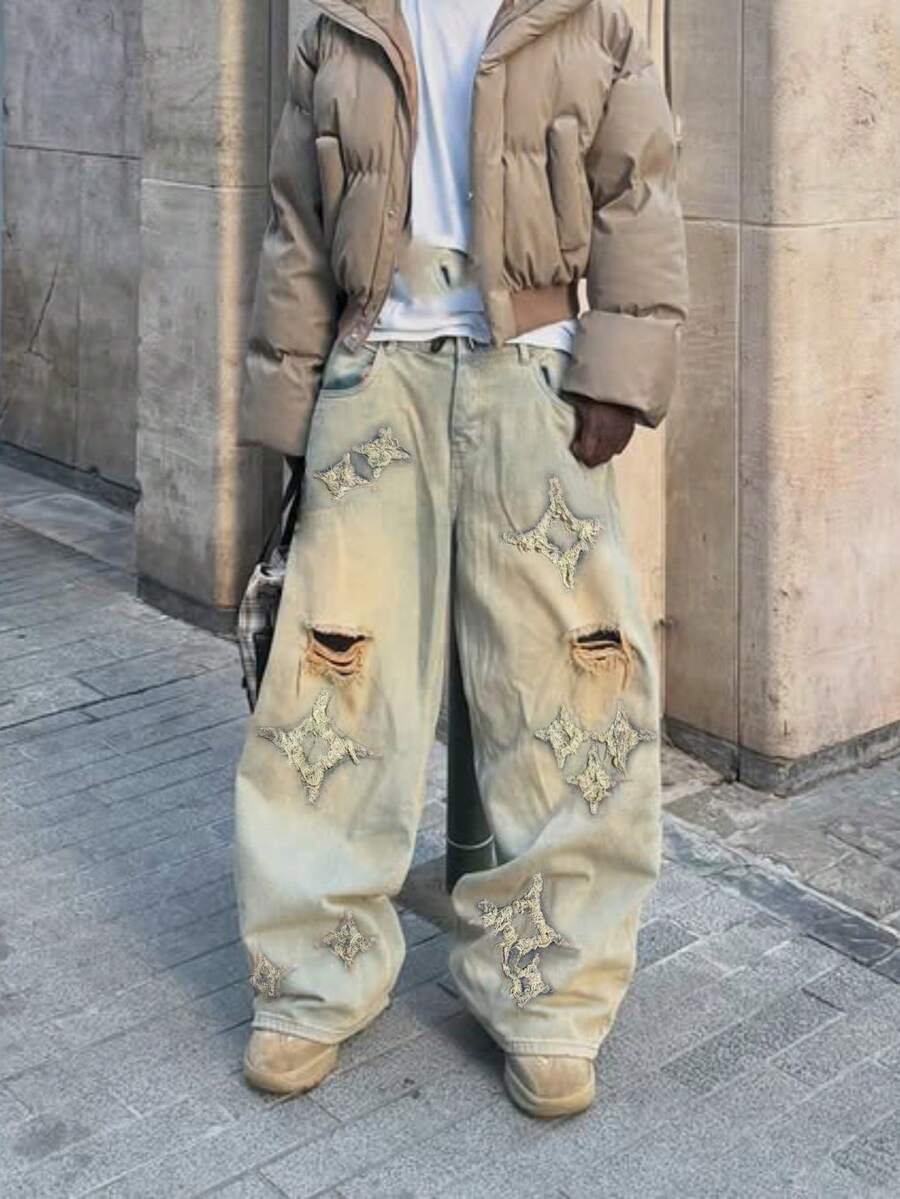 American Streetwear Distressed Mud-Wash Loose Fit Jeans For Men - Bronze - View 1