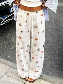 VIBEWAVE Shell And Starfish Print Drawstring Elastic Waist Wide-Leg Pants Women's Textured Vacation Style Loose Straight Casual Trousers - White - View 3