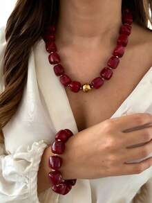 17KM (Color Difference May Occur) 2pcs Simple Fashion Acrylic Beaded Necklace & Bracelet Jewelry Set For Women, Sisters, Vacation, Date, Gift, Daily Casual, Party - Multicolor - View 5