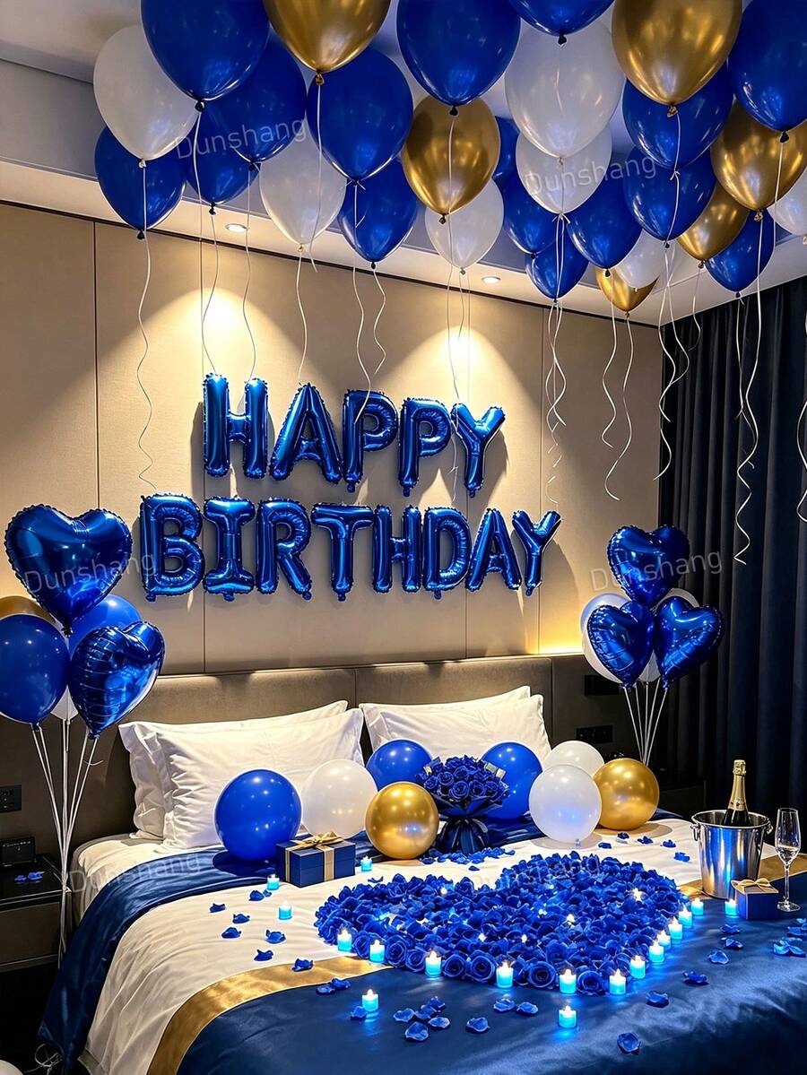 藍色生日氣球套組－人造玫瑰花瓣＋生日快樂橫幅＋藍色心形鋁箔氣球＋海軍藍、白色、金色金屬色乳膠氣球，適用於男女生日派對、浪漫之夜、週年紀念裝飾、臥室與飯店房間佈置
