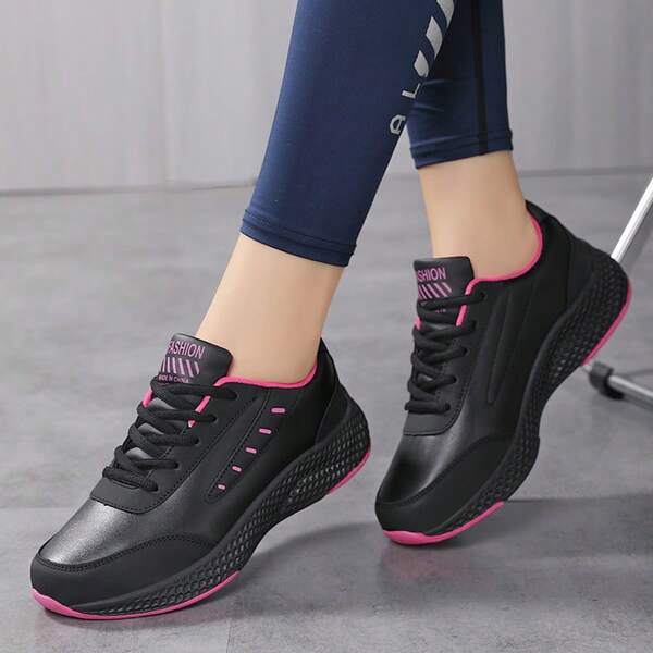 Black And Pink Color Block Waterproof Leather Women's Sports Shoes, Autumn/Winter, Stain-Resistant, Lightweight, Soft Sole, Anti-Slip, Thick Sole, Shock-Absorbing, Casual Walking Shoes For Middle-Aged And Elderly