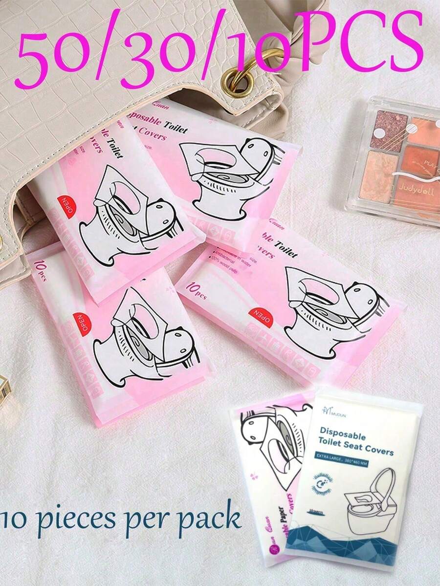 10/30/50pcs Disposable Toilet Seat Covers, Flushable Paper Toilet Seat Covers, Portable Toilet Seat Stickers, Travel Essential Accessories, Water-Soluble Paper Toilet Seat Covers, Business Travel Toilet Seat Covers, Suitable For Airplane, Travel, Public Places - View 1