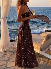 Women's Brown Polka Dot Print Sleeveless Dress With Neck Bow, Sweet And Elegant Summer Vacation - Brown - View 11