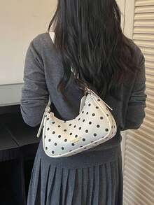 Dedoo 女款波點半月形單肩包 PU皮革 附吊牌 拉鍊開合 復古法式風格 日常通勤休閒旅行 - 白色 - 查看 6