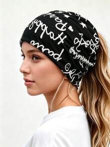 1pc Multifunctional Ponytail Hat, Soft Elastic Loose Headband Cap, Casual Daily Style, Solid Color/Star Leopard Print/Letter Print - Multicolor - View 6