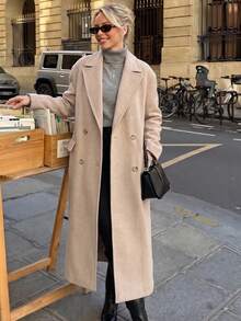 女款長袖純色外套，附口袋與雙排扣設計，鄉村風，冬季 - 米色 - 查看 1