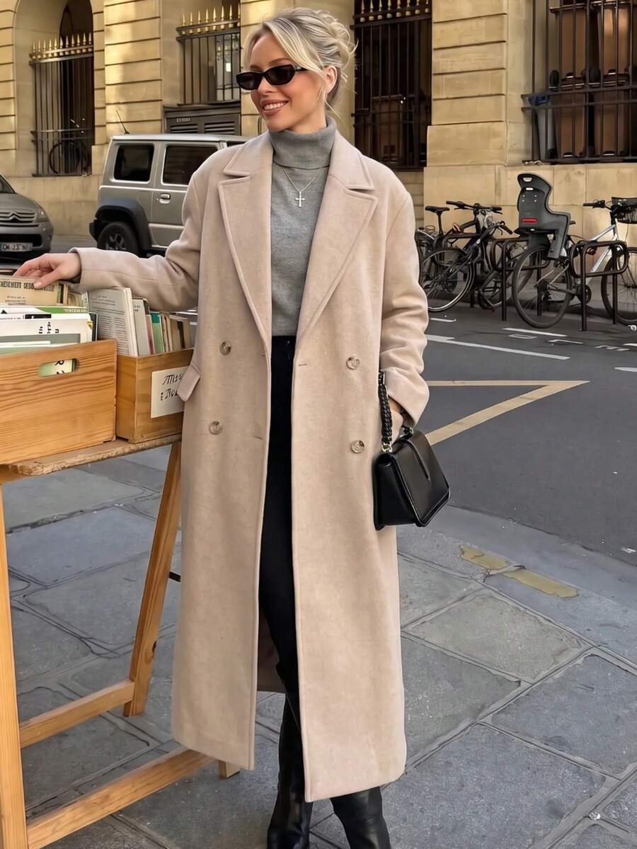 女款長袖純色外套,附口袋與雙排扣設計,鄉村風,冬季 - 米色 - 查看 1